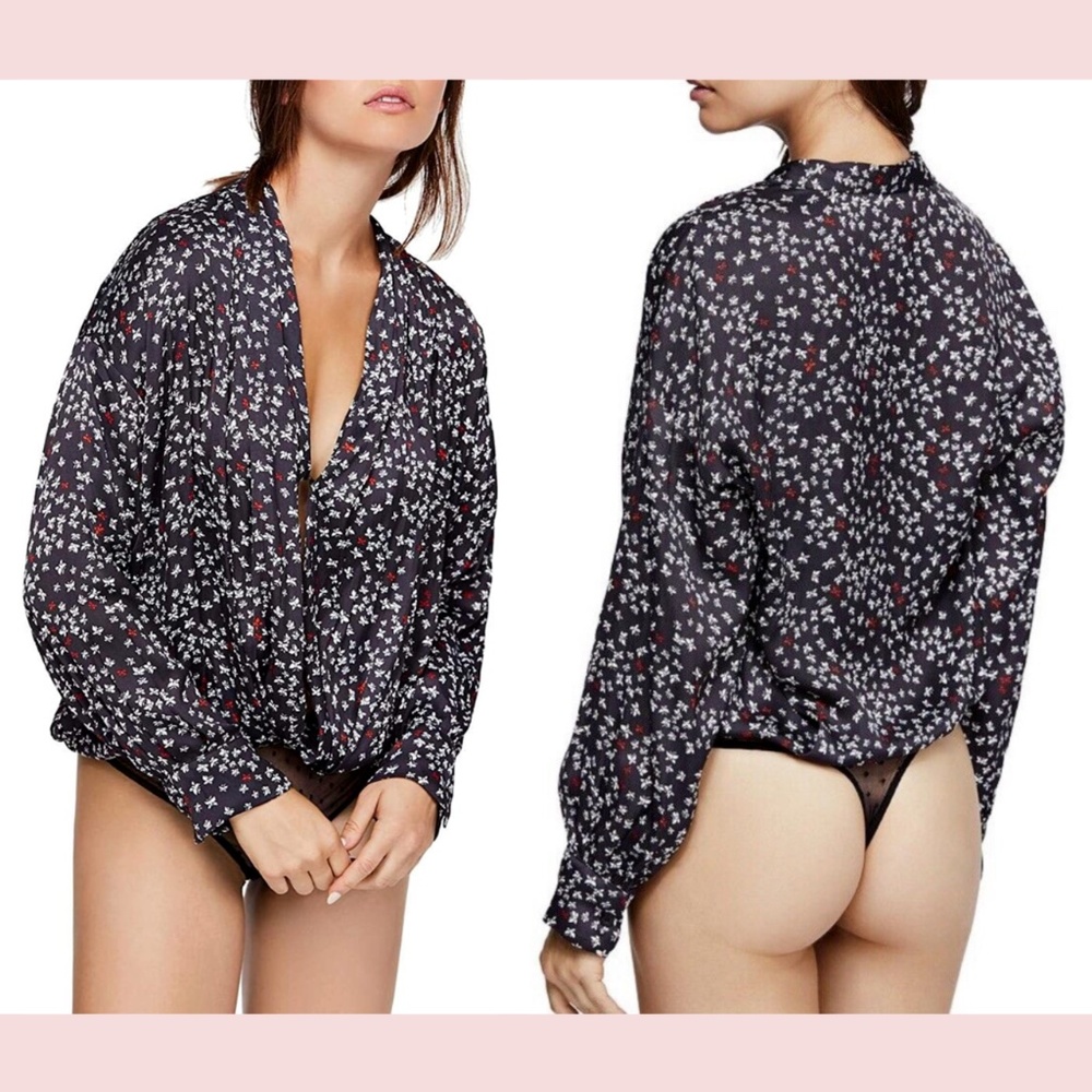 NWT $68 Free People [ Small ] Ladylike Butterfly Bodysuit in‎ Black